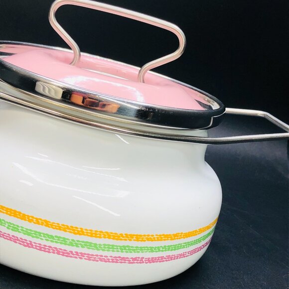 80s Siltal ITALY Pastelcore Enamelware Fondue Pot with Lid -Design Carla Agnelli - Picture 5 of 10